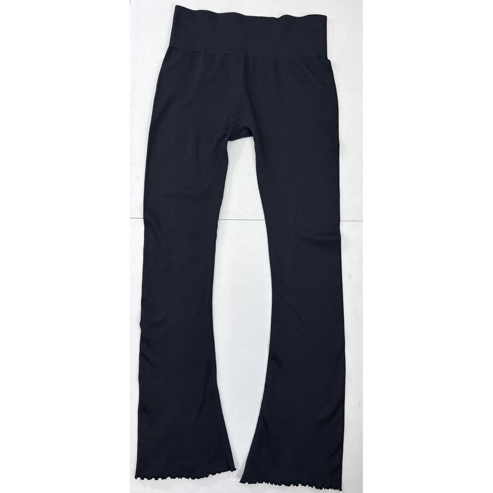 Ebb & Flow Womens L Ribbed Knit Flare Pants High Rise Lettuce Hem Black Legging